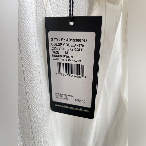 Adrianna Papell Ivory Gold Sleeveless Tie Neck Blouse Size M NWT - Picture 4 of 4